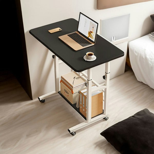 Living and Home 2-tier Height Adjustable Mobile Table Overbed Desk with Shelves Wheels