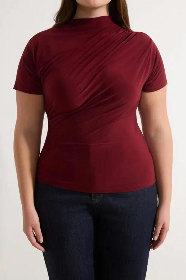 WOVCOR High Neck Gathered Knit Plus Size Blouse