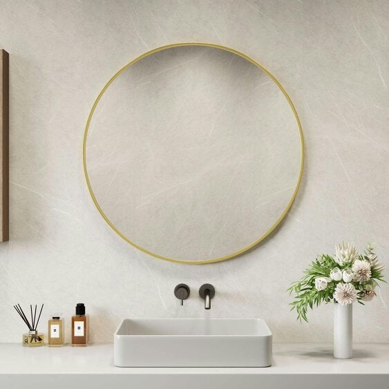 Neo 70cm Gold Round Metal Frame Wall Mirror Float Glass HD Reflection Anti-Rust Moisture-Proof Wall Mounted Bathroom Bedroom Hallway Living Room