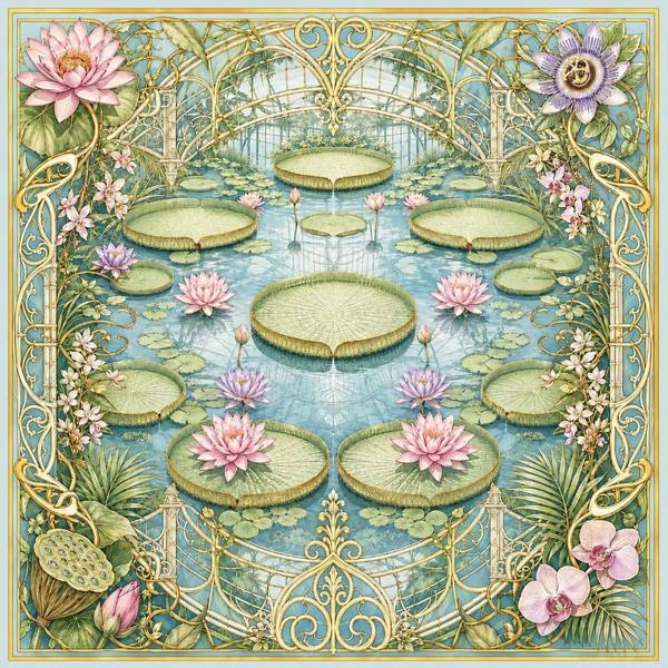 Waterlily House Twill Silk Scarf – Printed Mulberry Silk, Botanical Gift for Her