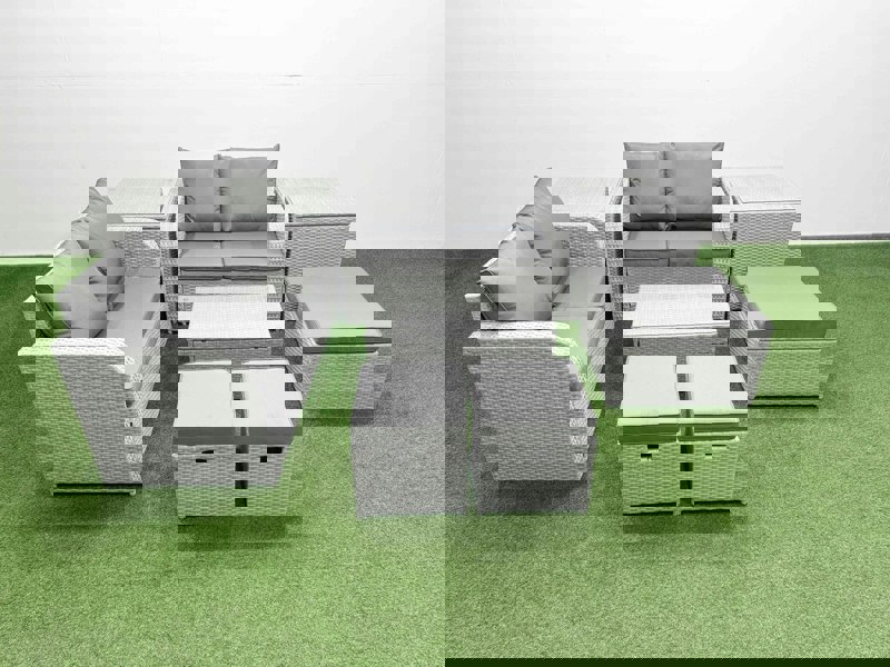Fimous 7 Seater Outdoor Love Sofa Set Rattan Garden Furniture Set with Rectangular Coffee Table 3 Footstool 2 Side Tables Light Grey
