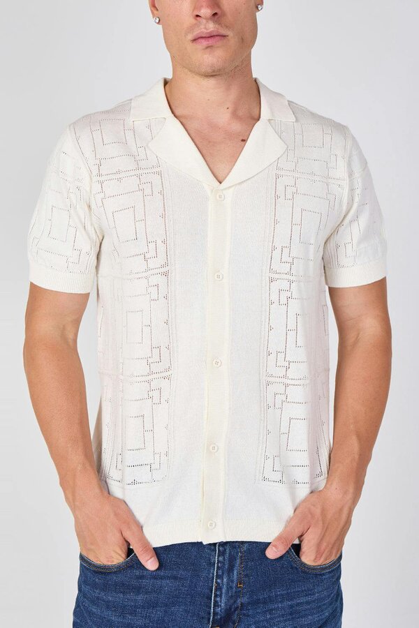Men's Textured Knitted Button-Through Polo Shirt - Off White