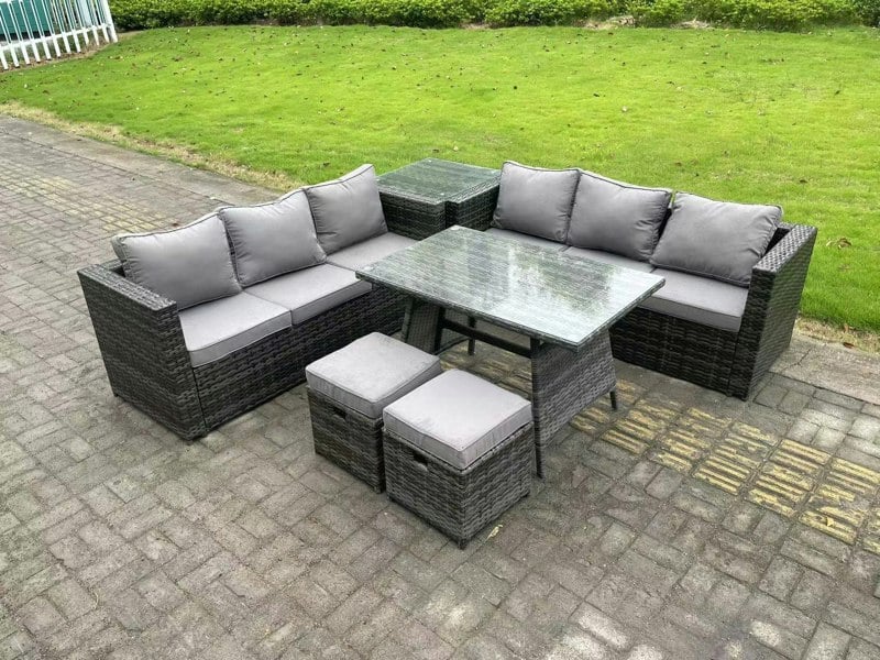 Fimous 8 Seater Wicker PE Rattan Garden Dining Set Outdoor Furniture Sofa with Side Table Dining Table Stools Dark Grey Mixed