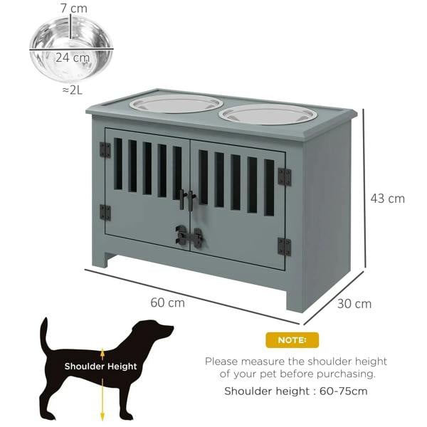 Grey raised dog feeding station with two stainless bowls, slatted front, storage cabinet size shown