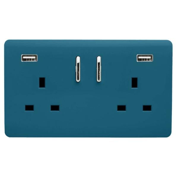 Trendi Switch 2 Gang USB 3100mA Plug Socket in Ocean Blue