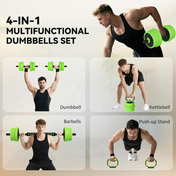 Green adjustable weights set shown in multiple uses: dumbbells, barbell, kettlebell, push-up stand