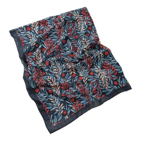 Pia Leaf Print Scarf, Denim Blue Lightweight Scarf with Self-Fringe