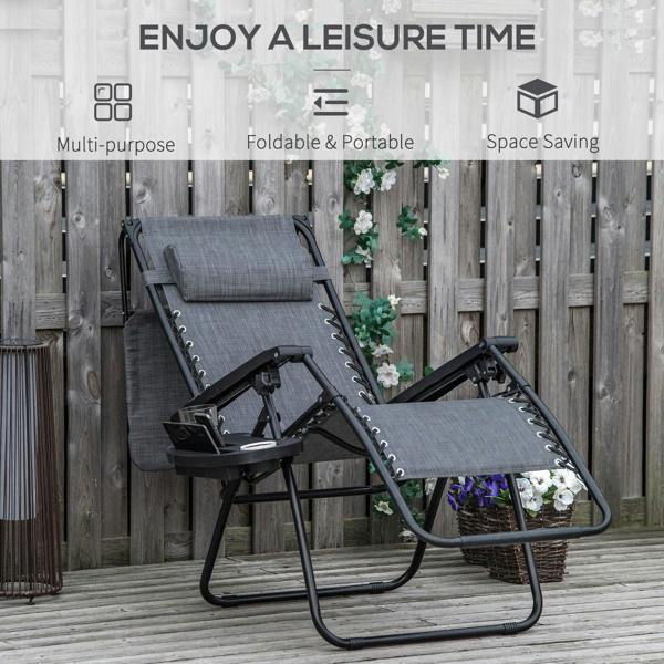 Light grey reclining lounge chair with detachable cup holder tray and adjustable canopy shade
