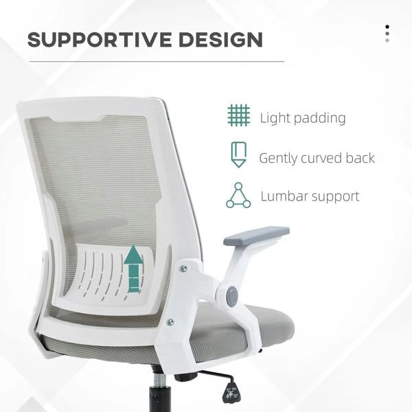 Grey mesh office chair with curved back support and lumbar support, padded seat