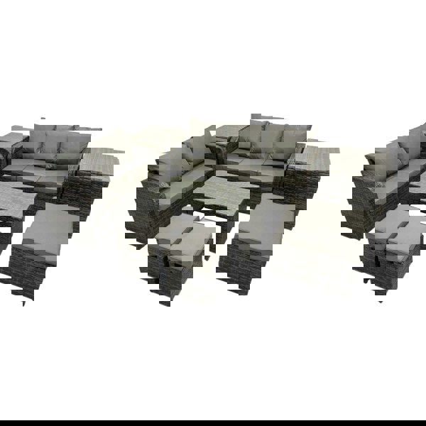 Fimous Rattan Garden Outdoor Furniture Set 3 Seater Sofa Love Sofa Coffee Table with 3 Footstools 2 Side Table Dark Grey Mixed