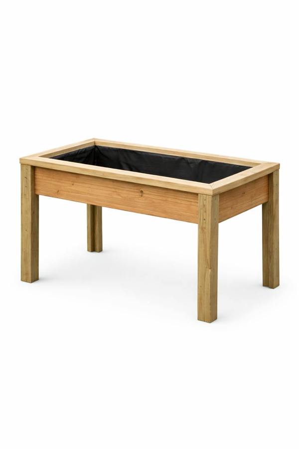 Elevated wooden decking planter with wheelchair clearance on white background