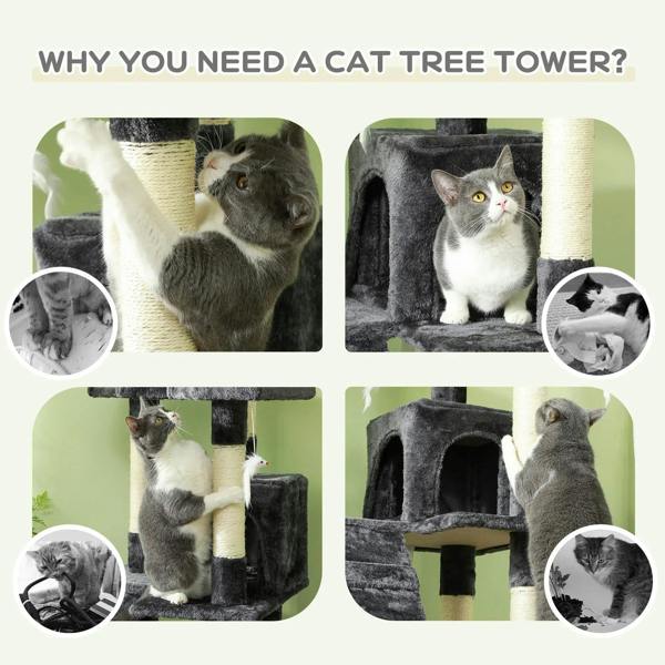 Grey cat tree tower with tiered perches, ladder steps, and enclosed condo openings