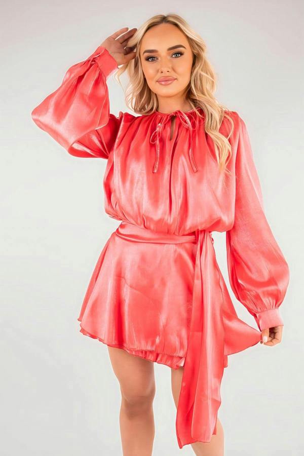 Laylani Satin Long Sleeve Ruffle Belted Mini Dress - Red