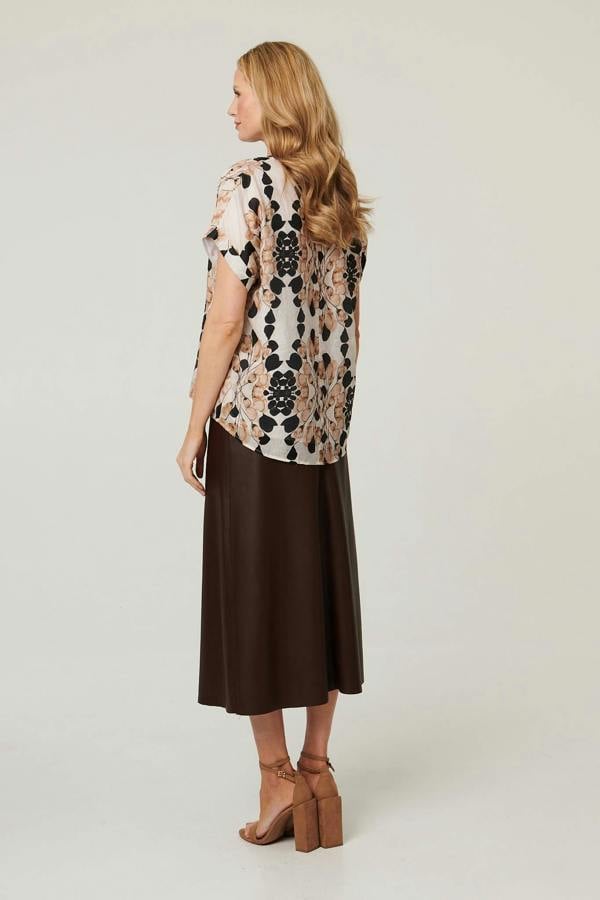 Beige | Floral Short Turn-Up Sleeve Relaxed Top