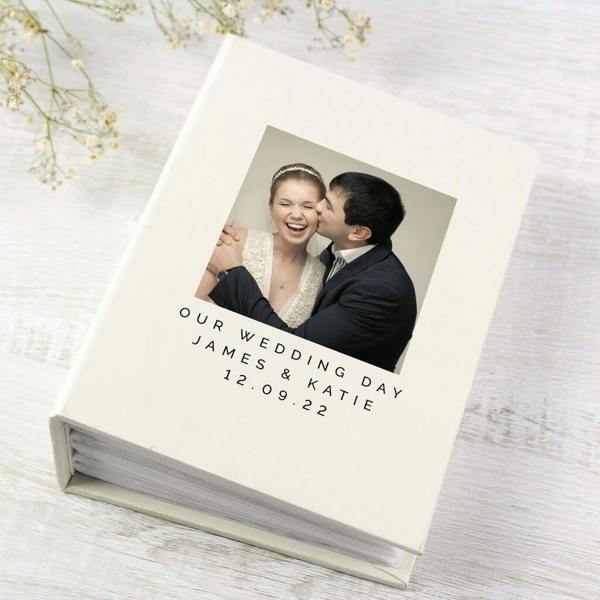 Personalised cream wedding photo album with printed couple image and custom text