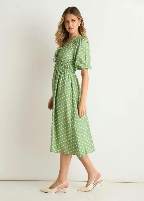 Gini London Sage Green Spot Print Shirred Waist Shift Midi Dress