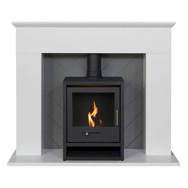 Adam Corinth Stove Fireplace in Pure White & Grey with Downlights & OKO S1 Bio Ethanol Stove in Charcoal Grey, 48 Inch