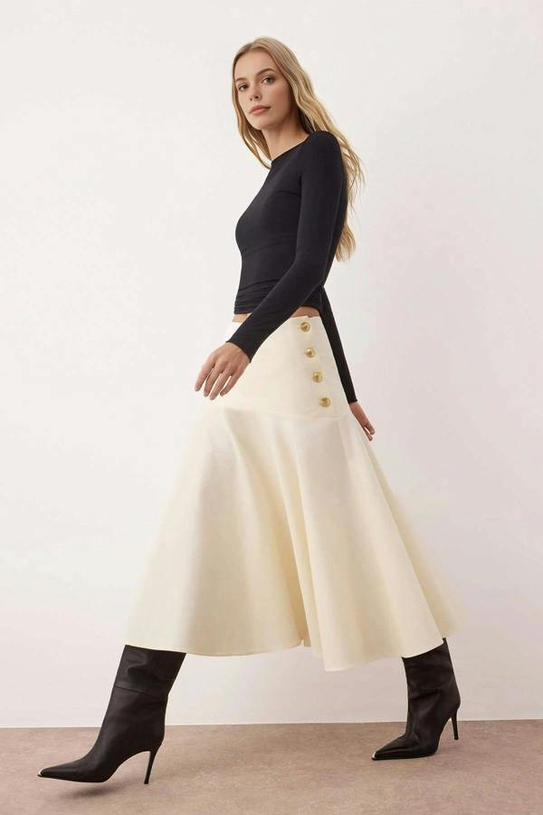 WOVCOR Midi Cotton Flared Skirt with Button Detail