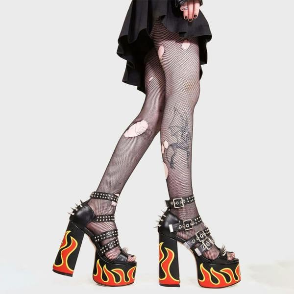 Lamoda Revin Black PU Flame Platform Sandals Chunky Gothic Festival Heels