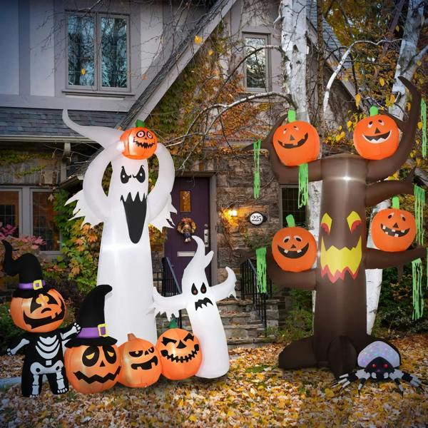 Inflatable Halloween ghost with jack-o-lantern head and small ghost figures around
