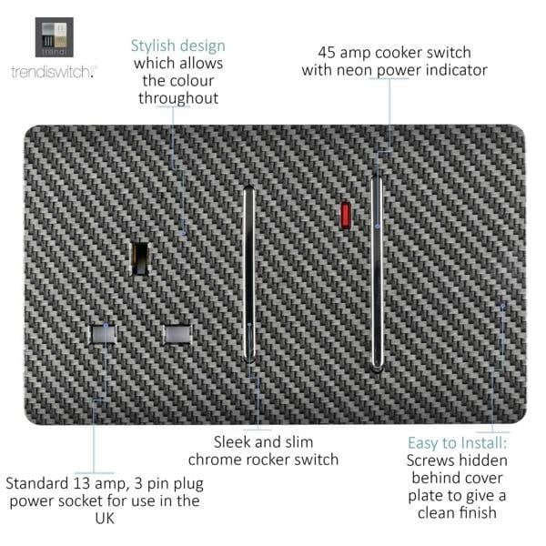 Trendi Switch 45 Amp Cooker Switch & 13 Amp Plug Socket with Neon in Carbon Fibre