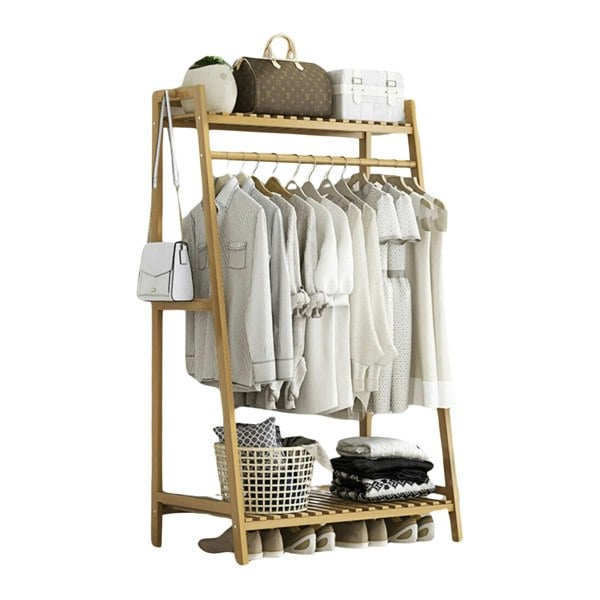 BMBO Wide Wooden Clothing Rail With Shelves Brown