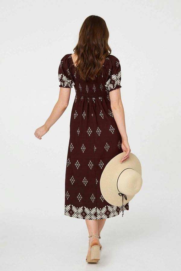 Brown | Border Print Puff Sleeve Midi Dress