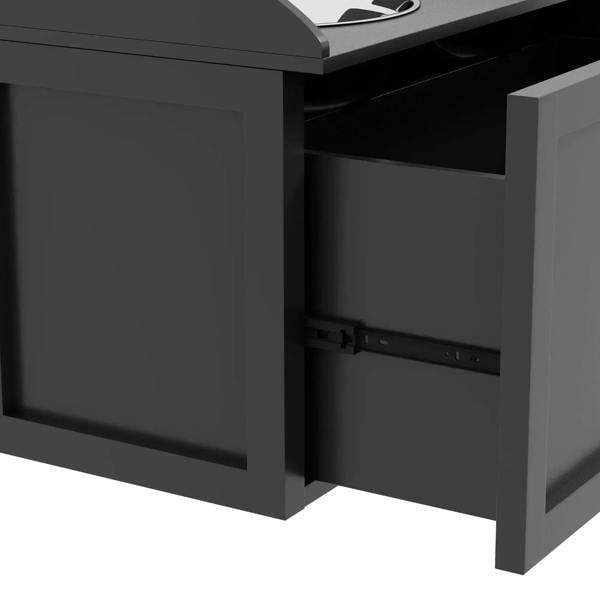Close-up of black open storage drawer under raised pet bowls stand