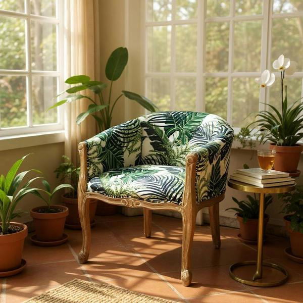 NATURAL FR PALM LEAF FABRIC LOUIS CHAIR