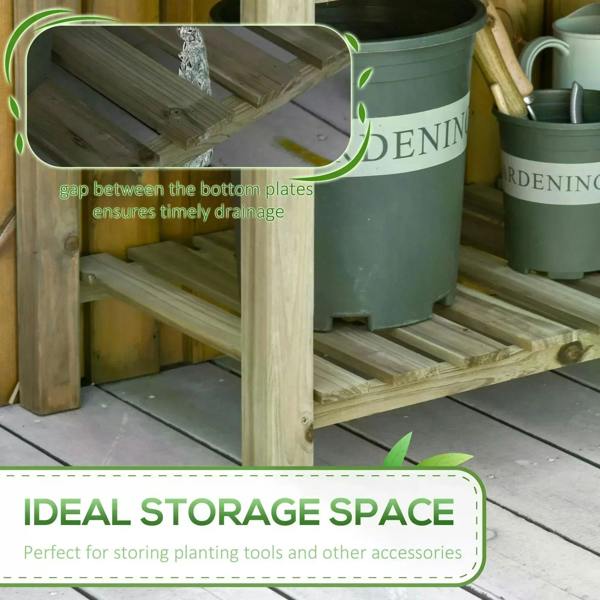 Lower storage shelf in raised wooden planter bed with drainage-ready slats and space for tools