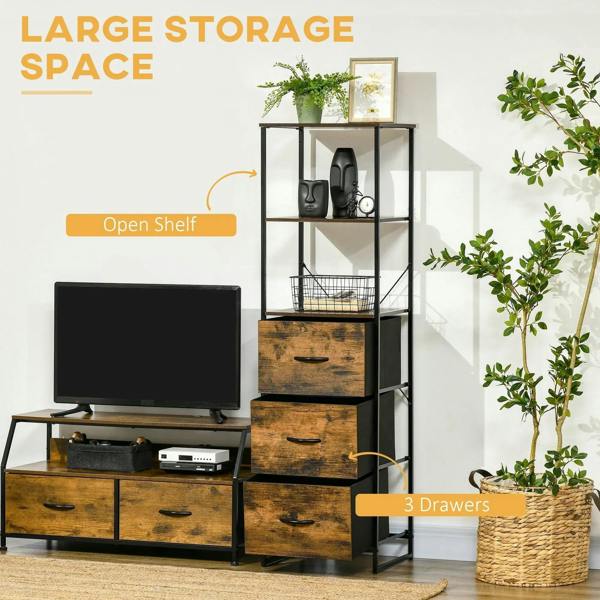 Rustic brown storage cabinet showing two open shelves and three drawer fronts