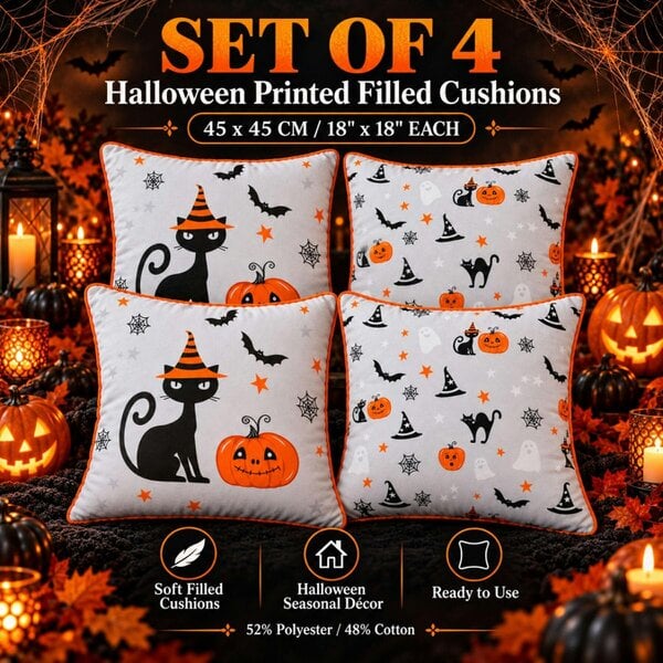 Smart Living Halloween Printed Filled Cushions 45x45cm - Set of 2 or Set of 4 - (45cm x 45cm) - 4 Pair - 4
