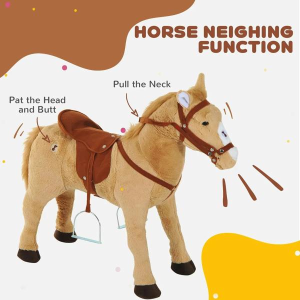 Beige plush ride-on horse toy with brown saddle, bridle, and reins