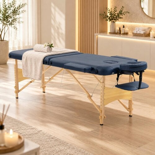 HOMCOM Wooden Folding Spa Beauty Massage Table w/ 2 Sections, Dark Blue