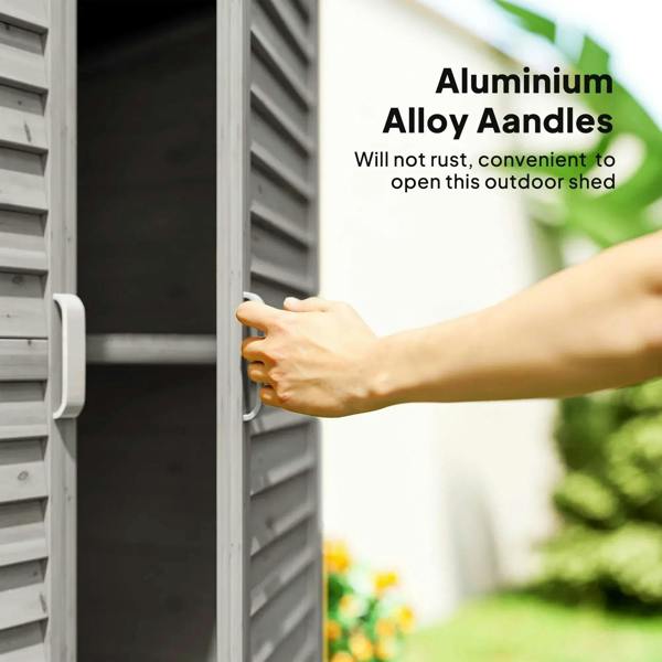Grey wooden shed door being pulled open with a white metal latch