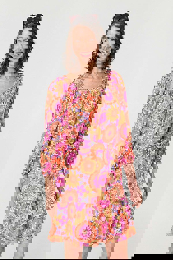 Pink | Vintage Floral Tie Waist Short Dress
