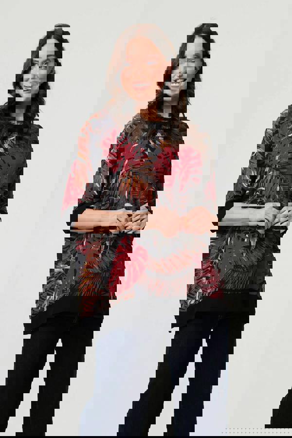 Black | Leaf Print 3/4 Sleeve Relaxed Tunic Top