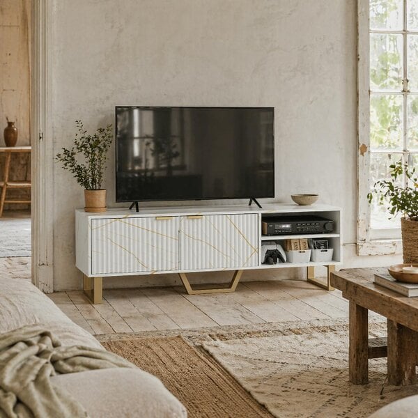 Wyld Haus Veriri 140cm White Marble and Gold Effect TV Unit With Fluted Doors For Screens Up To 70 Inches