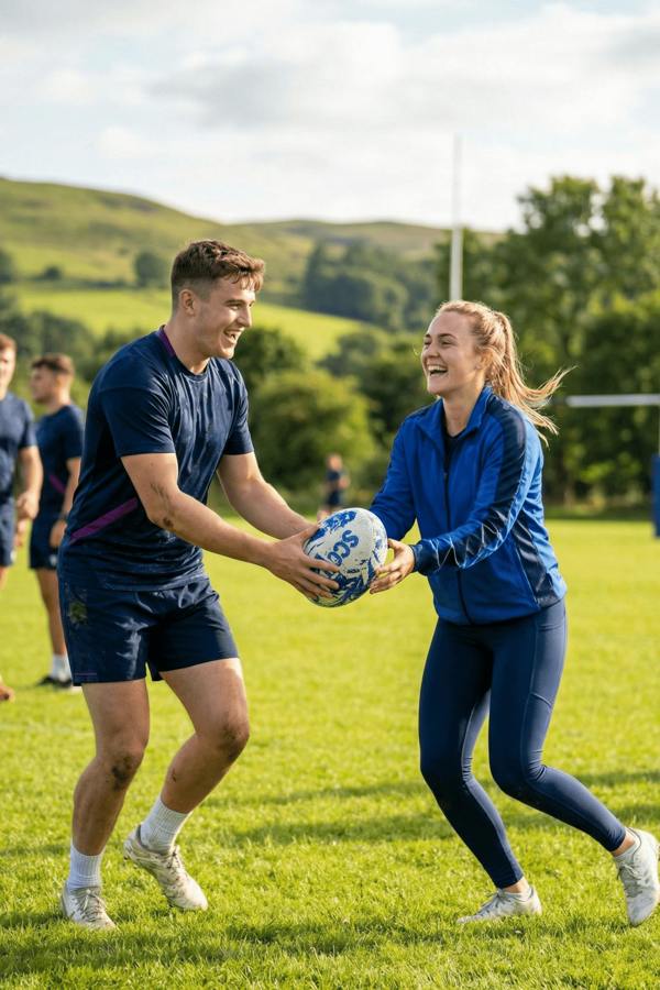 Two smiling players holding a blue and white Optimum Scotland rugby ball on a grass pitch - Optimum