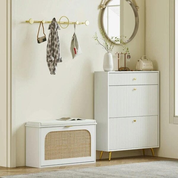 Boho Shoe Bench with Padded Seat and Flip-Drawer - White