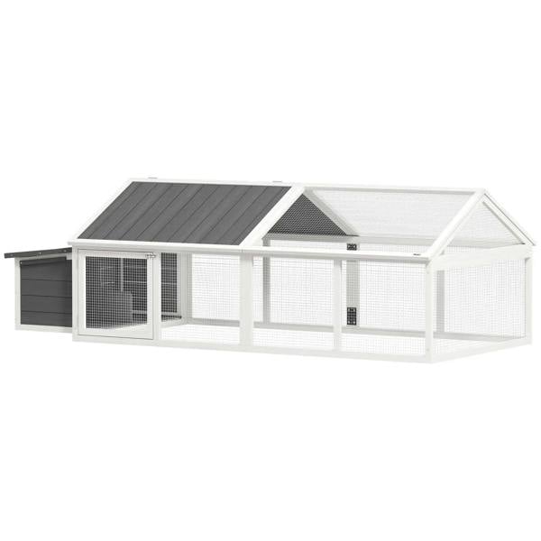 White wooden chicken coop with openable roof and nesting box, wire mesh side door