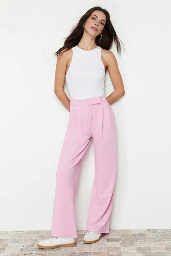 WOVCOR High Waist Pleated Wide Leg Trousers with Velcro Closure