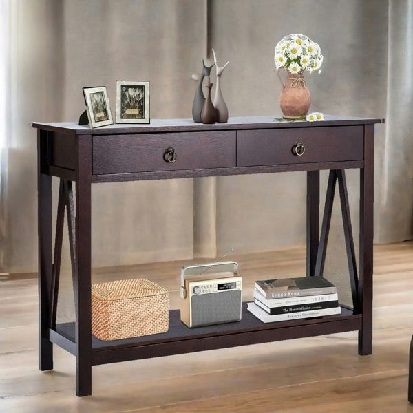 Rafaelo Mobilia Industrial Narrow Console Table With 2 Drawers Walnut Brown