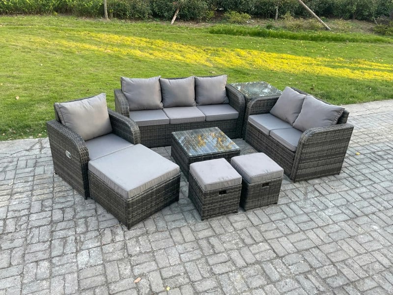 Fimous 8-Piece Rattan Garden Furniture Set - Dark Grey Mixed Patio Sofa Set with Square Coffee Table & Reclining Chair