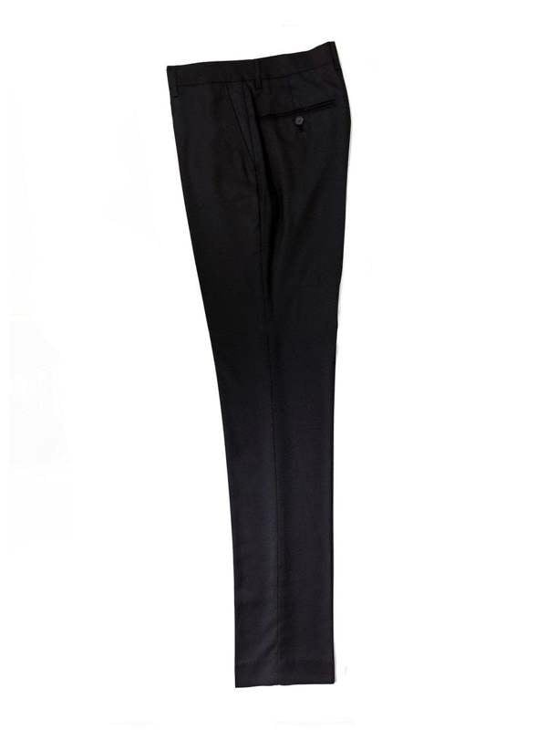 Black PAMONI three-piece suit with two-button jacket, matching vest, and tailored trousers displayed on a mannequin.
