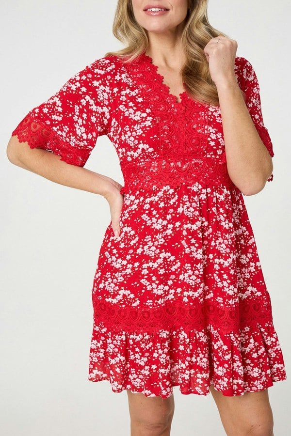 Red | Floral Lace Trim 1/2 Sleeve Mini Dress
