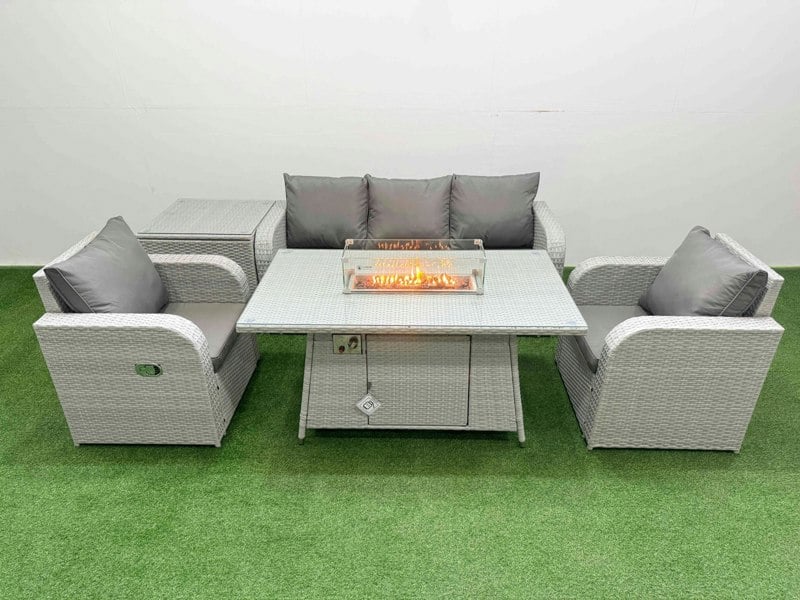 Fimous PE Rattan Garden Furniture Set Reclining Chair Sofa Lounge Sofa Set Fire Pit Dining Table Side Table Light Grey