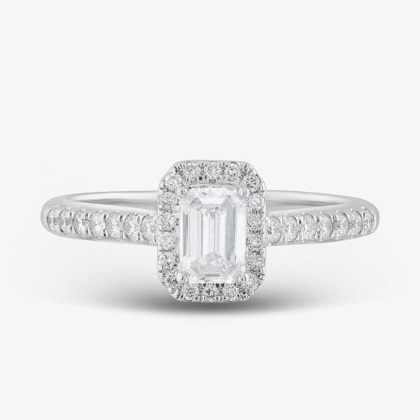 T. H. Baker 9ct White Gold Certified Lab Grown 0.75ct Emerald & Brilliant Cut Diamond Shoulder Set Halo Ring LGR15213-100E (WG)