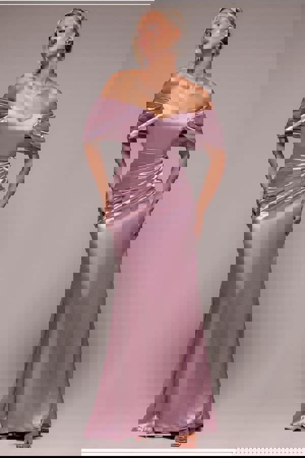 Off Shoulder Satin Maxi With V Neck - Rosepink DR3923
