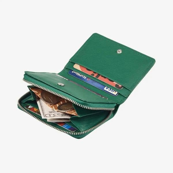 Green leather card holder with zipped coin pocket